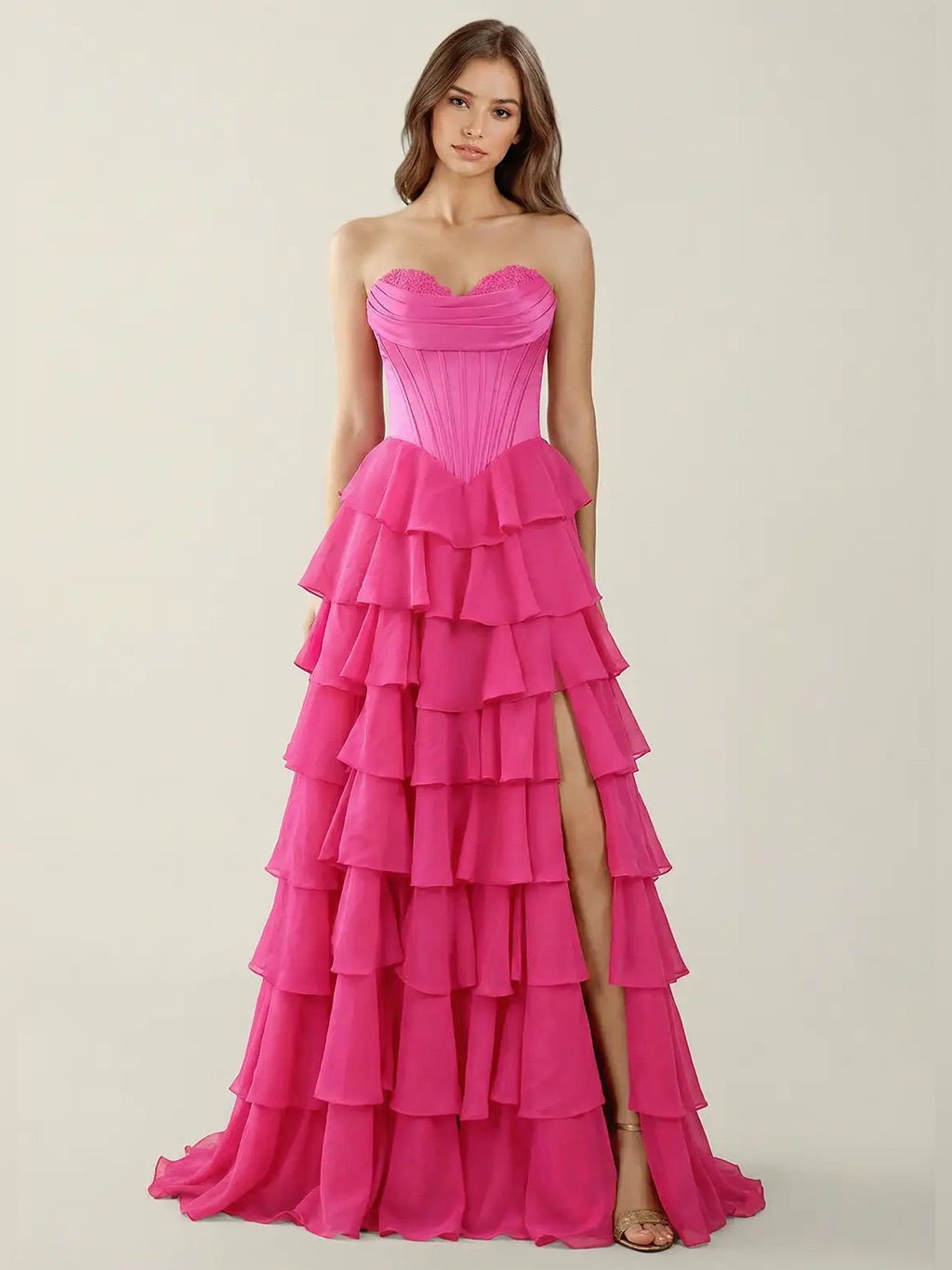 Milly Bridal Fuchsia Pink Ruffled A-Line Pink Strapless Formal Dress Prom Sz 10